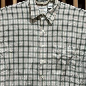Savane Button Up Shirt Men XL Green Beige Plaid Short Sleeve No Wrinkle Cotton
